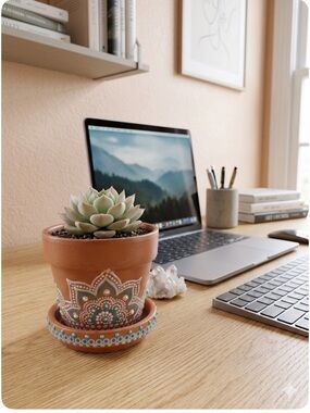 Hand-Painted Decorative Pot with Saucer – Unique Artisan Design – Ideal Gifting